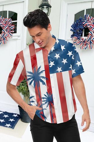 TMSD Men’s July 4th Independence Day Hawaiian Shirt Button Down Tropical Short Sleeve Summer Beach Shirt in Kuwait