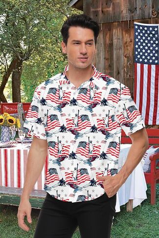 TMSD Men’s July 4th Independence Day Hawaiian Shirt Button Down Tropical Short Sleeve Summer Beach Shirt in Kuwait