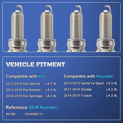 مزدوج Iridium Spark Plugs 4 Pack 93199 Fits لعام 2011 2012 2013 2014 2015 Hyundai Sonata 2.4 & Kia Optima ، 2014-2015 Hyundai Santa Sport Tucson & Kia Sportage ، 2012-2014 Sorento L4 2.4L in Saudi Arabia