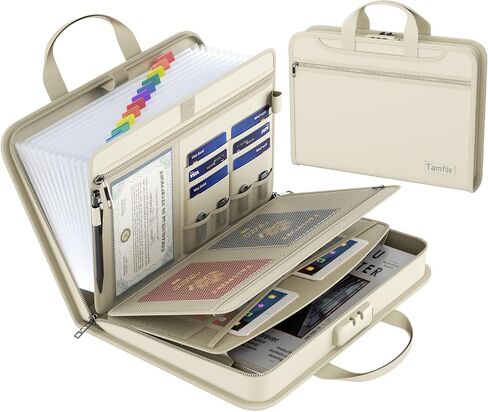 Tamfile Fireproof Thickened Accordion File Organizer with Lock, 13 Pocket Document Organizer with Zipper & Labels, Multi-Pockets Transparent Safe Expanding Folder with Handle for Letter A4 Files in Kuwait