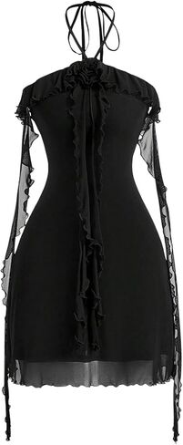 GORGLITTER Women's Flower Strapless Halter Bodycon Mini Dresses Elegant Classy Y2K Mesh Tassel Backless Summer Sundress in Saudi Arabia