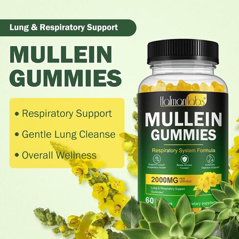Mullein Gummies for Lungs, Mullein Extract for Smokers - Support Lung & Respiratory Health, Soothes Throat Irritation, Boost Immune - Mullein Leaf Extract for Lungs, Breathe Easier - 60pcs in Kuwait