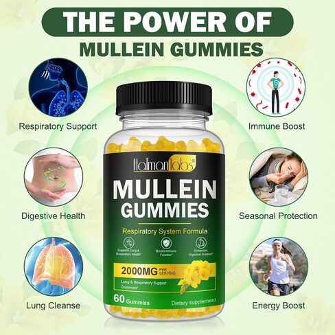 Mullein Gummies for Lungs, Mullein Extract for Smokers - Support Lung & Respiratory Health, Soothes Throat Irritation, Boost Immune - Mullein Leaf Extract for Lungs, Breathe Easier - 60pcs in Kuwait