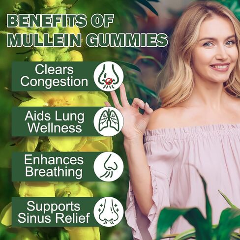 Mullein Gummies for Lungs, Mullein Extract for Smokers - Support Lung & Respiratory Health, Soothes Throat Irritation, Boost Immune - Mullein Leaf Extract for Lungs, Breathe Easier - 60pcs in Kuwait