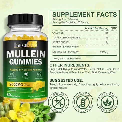 Mullein Gummies for Lungs, Mullein Extract for Smokers - Support Lung & Respiratory Health, Soothes Throat Irritation, Boost Immune - Mullein Leaf Extract for Lungs, Breathe Easier - 60pcs in Kuwait