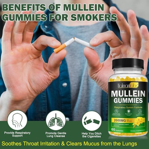 Mullein Gummies for Lungs, Mullein Extract for Smokers - Support Lung & Respiratory Health, Soothes Throat Irritation, Boost Immune - Mullein Leaf Extract for Lungs, Breathe Easier - 60pcs in Kuwait
