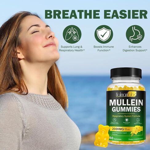 Mullein Gummies for Lungs, Mullein Extract for Smokers - Support Lung & Respiratory Health, Soothes Throat Irritation, Boost Immune - Mullein Leaf Extract for Lungs, Breathe Easier - 60pcs in Kuwait