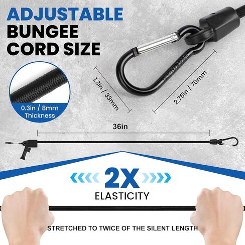 Adjustable Bungee Cords with Carabiner Hooks 36 in Heavy Duty Outdoor, Including 8 Pcs Black Bungee Straps and 4 Spare Clips in Kuwait