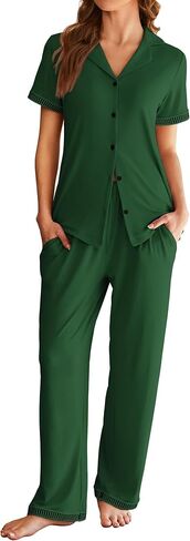 Ekouaer Womens Pajama Sets Short Sleeve Button Up Pjs, Chic Contrast Trim, Long Pants with Pockets,Soft Loungewear Set S-XXL in Saudi Arabia