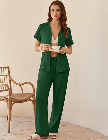 Ekouaer Womens Pajama Sets Short Sleeve Button Up Pjs, Chic Contrast Trim, Long Pants with Pockets,Soft Loungewear Set S-XXL in Saudi Arabia