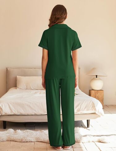 Ekouaer Womens Pajama Sets Short Sleeve Button Up Pjs, Chic Contrast Trim, Long Pants with Pockets,Soft Loungewear Set S-XXL in Saudi Arabia
