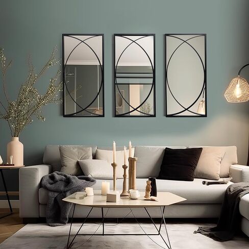 Luxenhome 3 قطع معدن أسود مرآة جدار مستطيلة مجموعة مرآة كبيرة الغرور لغرفة النوم ، ولهجة أسود مرآة الجدار المعدنية ، جدار غرفة المعيشة مرآة مثبتة على الحائط in Kuwait