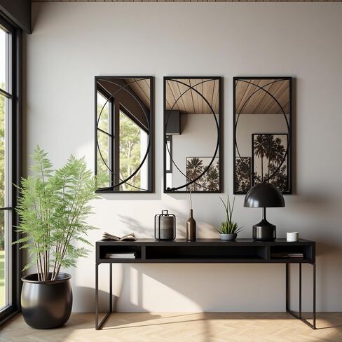 Luxenhome 3 قطع معدن أسود مرآة جدار مستطيلة مجموعة مرآة كبيرة الغرور لغرفة النوم ، ولهجة أسود مرآة الجدار المعدنية ، جدار غرفة المعيشة مرآة مثبتة على الحائط in Kuwait