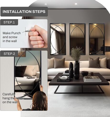 Luxenhome 3 قطع معدن أسود مرآة جدار مستطيلة مجموعة مرآة كبيرة الغرور لغرفة النوم ، ولهجة أسود مرآة الجدار المعدنية ، جدار غرفة المعيشة مرآة مثبتة على الحائط in Kuwait