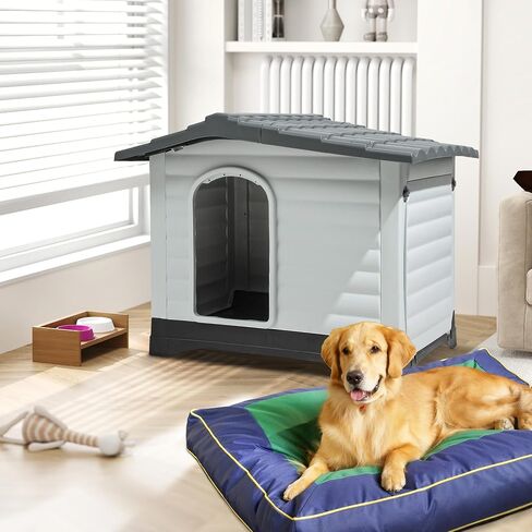 DWVO 2-Door Large Dog House with Elevated Base & Cushion, Weather-Resistance Dog Bed House for Indoor/Outdoor Use, Easy Assembly Pet House for Small to Large Dogs (43.7''L x 33''W x 31.6''H) in Kuwait