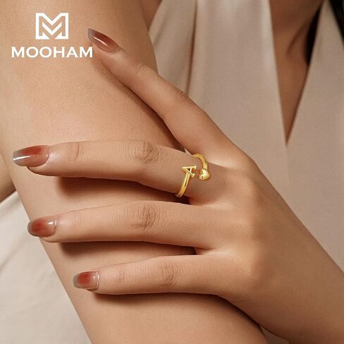 M MOOHAM Gold Rings for Women - 14K Gold Plate Initial Rings for Women Non Tarnish Letter A- Z Dainty Heart Ring Adjustable Pinky Ring Personalized Jewelry Gifts in Saudi Arabia