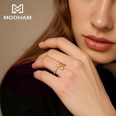 M MOOHAM Gold Rings for Women - 14K Gold Plate Initial Rings for Women Non Tarnish Letter A- Z Dainty Heart Ring Adjustable Pinky Ring Personalized Jewelry Gifts in Saudi Arabia
