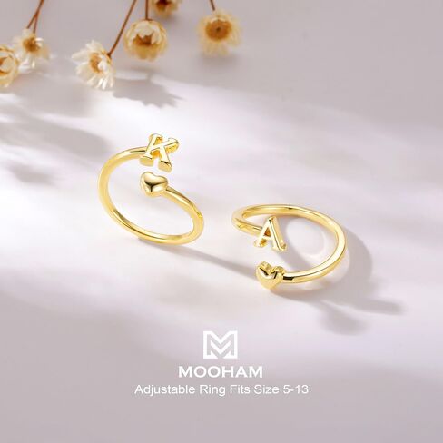 M MOOHAM Gold Rings for Women - 14K Gold Plate Initial Rings for Women Non Tarnish Letter A- Z Dainty Heart Ring Adjustable Pinky Ring Personalized Jewelry Gifts in Saudi Arabia