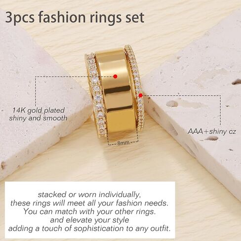 BOMAIL 3Pcs Stackable Gold Rings for Women Non Tarnish Chunky 14K Gold Plated Rings Set Dainty Engagement Wedding Cubic Zirconia Bands Thin Thumb Pinky Stacking Promise Statement Rings Size 6-10 in Kuwait