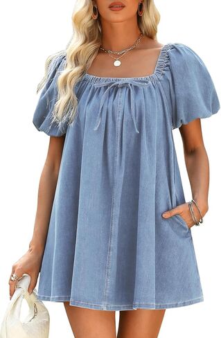 Denim Dress for Women, Puff Short Sleeve Jean Dress Square Neck Denim Romper with Pockets in Saudi Arabia