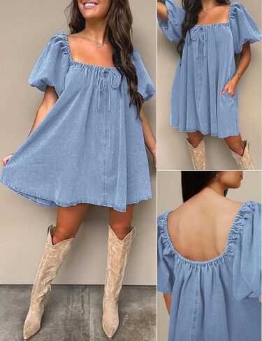 Denim Dress for Women, Puff Short Sleeve Jean Dress Square Neck Denim Romper with Pockets in Saudi Arabia
