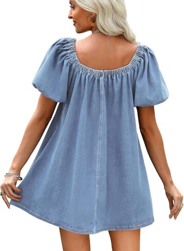 Denim Dress for Women, Puff Short Sleeve Jean Dress Square Neck Denim Romper with Pockets in Saudi Arabia