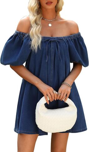 Denim Dress for Women, Puff Short Sleeve Jean Dress Square Neck Denim Romper with Pockets in Saudi Arabia