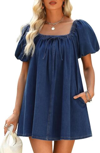 Denim Dress for Women, Puff Short Sleeve Jean Dress Square Neck Denim Romper with Pockets in Saudi Arabia