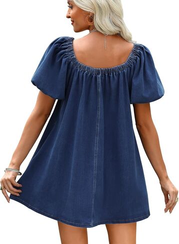 Denim Dress for Women, Puff Short Sleeve Jean Dress Square Neck Denim Romper with Pockets in Saudi Arabia