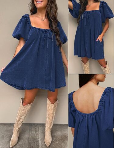 Denim Dress for Women, Puff Short Sleeve Jean Dress Square Neck Denim Romper with Pockets in Saudi Arabia