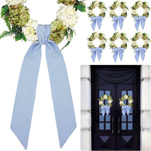 Xunyee 6 PCS Wreath Sash للباب الأمامي ، Seersucker Seersucker الأزرق لإكسسوارات الباب الأمامي حفل زفاف في الهواء الطلق خزانة المطبخ ساحة 4.5 "× 56" (شريط) in Saudi Arabia