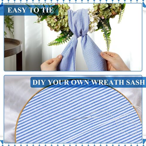 Xunyee 6 PCS Wreath Sash للباب الأمامي ، Seersucker Seersucker الأزرق لإكسسوارات الباب الأمامي حفل زفاف في الهواء الطلق خزانة المطبخ ساحة 4.5 "× 56" (شريط) in Saudi Arabia