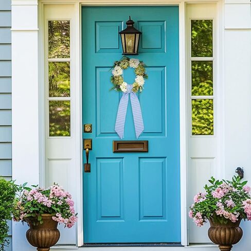 Xunyee 6 PCS Wreath Sash للباب الأمامي ، Seersucker Seersucker الأزرق لإكسسوارات الباب الأمامي حفل زفاف في الهواء الطلق خزانة المطبخ ساحة 4.5 "× 56" (شريط) in Saudi Arabia