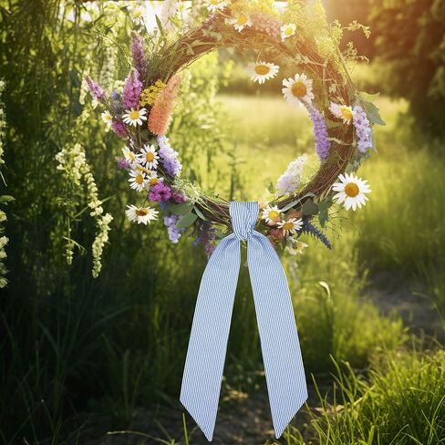 Xunyee 6 PCS Wreath Sash للباب الأمامي ، Seersucker Seersucker الأزرق لإكسسوارات الباب الأمامي حفل زفاف في الهواء الطلق خزانة المطبخ ساحة 4.5 "× 56" (شريط) in Saudi Arabia
