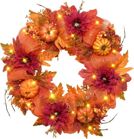 Fall Wreath with Lights - Fall Wreaths for Front Door, Fall Decorations for Home, 20" Autumn Wreath for Porch Wall Window Halloween Thanksgiving Decor in Saudi Arabia