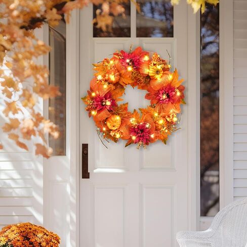 Fall Wreath with Lights - Fall Wreaths for Front Door, Fall Decorations for Home, 20" Autumn Wreath for Porch Wall Window Halloween Thanksgiving Decor in Saudi Arabia