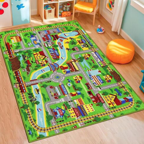 Kids Rug Car Play Mat 5.2'x3.3 '، Train Track Kids Kids Playmat Playmat Plays لسيارات الألعاب ، والطريق التعليمي غير القابل للانزلاق ، وسجاد سجادة قابلة للغسل في مدينة سجادة غرفة نوم ، الأخضر ، الأخضر in Kuwait
