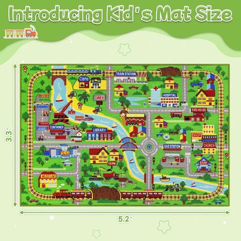 Kids Rug Car Play Mat 5.2'x3.3 '، Train Track Kids Kids Playmat Playmat Plays لسيارات الألعاب ، والطريق التعليمي غير القابل للانزلاق ، وسجاد سجادة قابلة للغسل في مدينة سجادة غرفة نوم ، الأخضر ، الأخضر in Kuwait