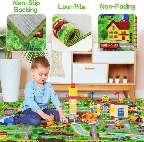 Kids Rug Car Play Mat 5.2'x3.3 '، Train Track Kids Kids Playmat Playmat Plays لسيارات الألعاب ، والطريق التعليمي غير القابل للانزلاق ، وسجاد سجادة قابلة للغسل في مدينة سجادة غرفة نوم ، الأخضر ، الأخضر in Kuwait