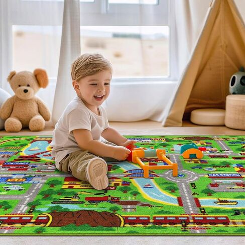 Kids Rug Car Play Mat 5.2'x3.3 '، Train Track Kids Kids Playmat Playmat Plays لسيارات الألعاب ، والطريق التعليمي غير القابل للانزلاق ، وسجاد سجادة قابلة للغسل في مدينة سجادة غرفة نوم ، الأخضر ، الأخضر in Kuwait