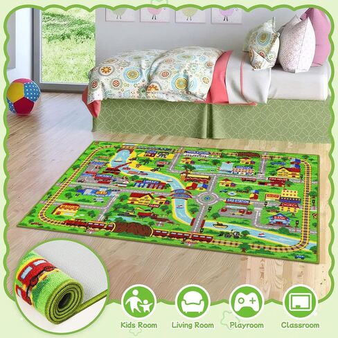 Kids Rug Car Play Mat 5.2'x3.3 '، Train Track Kids Kids Playmat Playmat Plays لسيارات الألعاب ، والطريق التعليمي غير القابل للانزلاق ، وسجاد سجادة قابلة للغسل في مدينة سجادة غرفة نوم ، الأخضر ، الأخضر in Kuwait