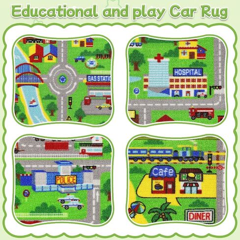 Kids Rug Car Play Mat 5.2'x3.3 '، Train Track Kids Kids Playmat Playmat Plays لسيارات الألعاب ، والطريق التعليمي غير القابل للانزلاق ، وسجاد سجادة قابلة للغسل في مدينة سجادة غرفة نوم ، الأخضر ، الأخضر in Kuwait