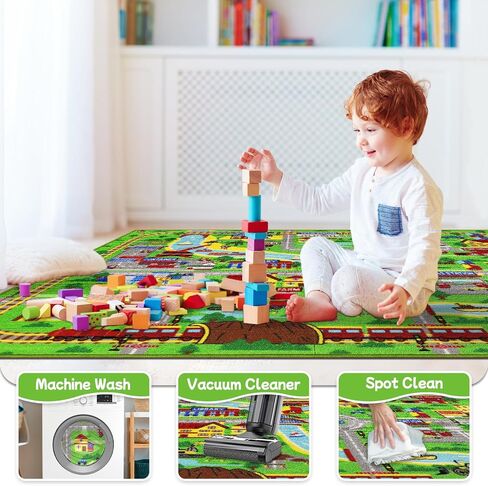 Kids Rug Car Play Mat 5.2'x3.3 '، Train Track Kids Kids Playmat Playmat Plays لسيارات الألعاب ، والطريق التعليمي غير القابل للانزلاق ، وسجاد سجادة قابلة للغسل في مدينة سجادة غرفة نوم ، الأخضر ، الأخضر in Kuwait