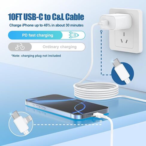 كابل شاحن سريع 10 أقدام iPhone 14 13 12 11، [معتمد من Apple] كابل USB C طويل إلى Lightning بطول 10 أقدام، سلك شحن Apple من النوع C بطول 10 أقدام لهاتف iPhone 14 Pro Max/13 Pro/12/12 Mini/11/XS/XR/ 8 بلس/7/6/5 in Kuwait