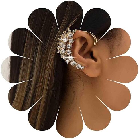 Vintage Crystal Ear Cuff Earrings Rhinestone Cartilage Wrap Earrings Gold CZ Leaf Wrap Around Earrings Crystal Climber Earrings for Women in Saudi Arabia