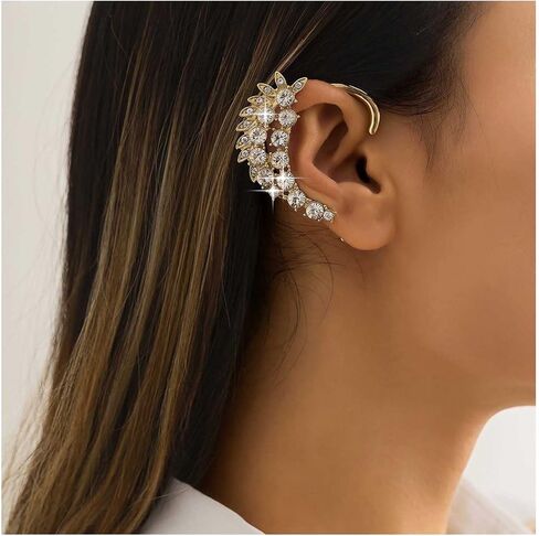 Vintage Crystal Ear Cuff Earrings Rhinestone Cartilage Wrap Earrings Gold CZ Leaf Wrap Around Earrings Crystal Climber Earrings for Women in Saudi Arabia