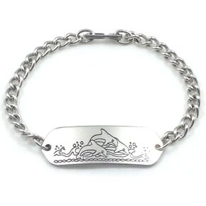 Dolphins ID Bracelet IDB-03SH - with Sister Hook Clasp - Stainless Steel - Personalized Engraving - Customized Bracelet Length - Child, Youth or Adult in Saudi Arabia