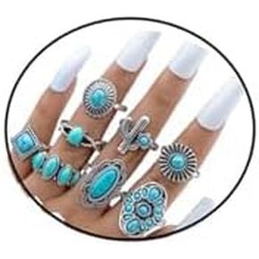 Vintage Turquoise Ring Set for Women,Bohemian Colorful Joint Knuckle Ring Chunky Oval Gemstone Stackable Rings Crystal Midi Finger Rings Country Concert Outfits Accessorie in Kuwait