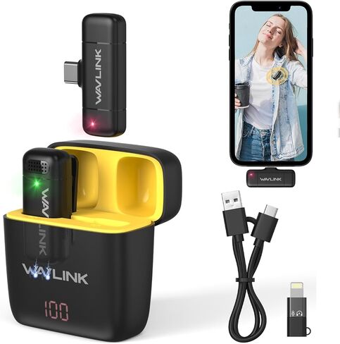 WAVLINK Wireless Lavalier Microphone for iPhone 15 Android Vlog, Clip on Lapel Dual Mic System & USB-C Input & Battery Case for YouTube Facebook Live, Video Recording(2*TX+1*RX) in Saudi Arabia