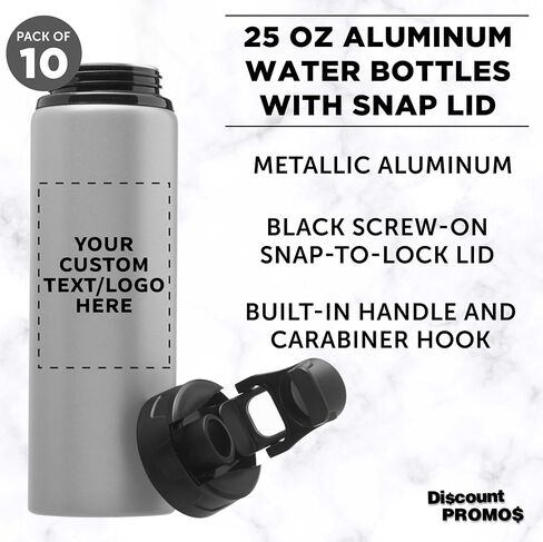 DISCOUNT PROMOS Custom Aluminum Water Bottles Snap Lids 25 oz. Set of 10/50/100 Personalized Bulk Pack Reusable for Gym Hiking Cycling School - Charcoal in Kuwait